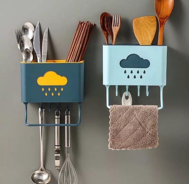Wall Mounted Cloud Drain Rack, 2 Divided Compartments for Storage Forks, Utensils Holder Drainer Basket With Detachable Rag Rod Wall Mounted Cloud Drain Rack, 2 Divided Compartments for Storage Forks, Utensils Holder Drainer Basket With Detachable Rag Rod